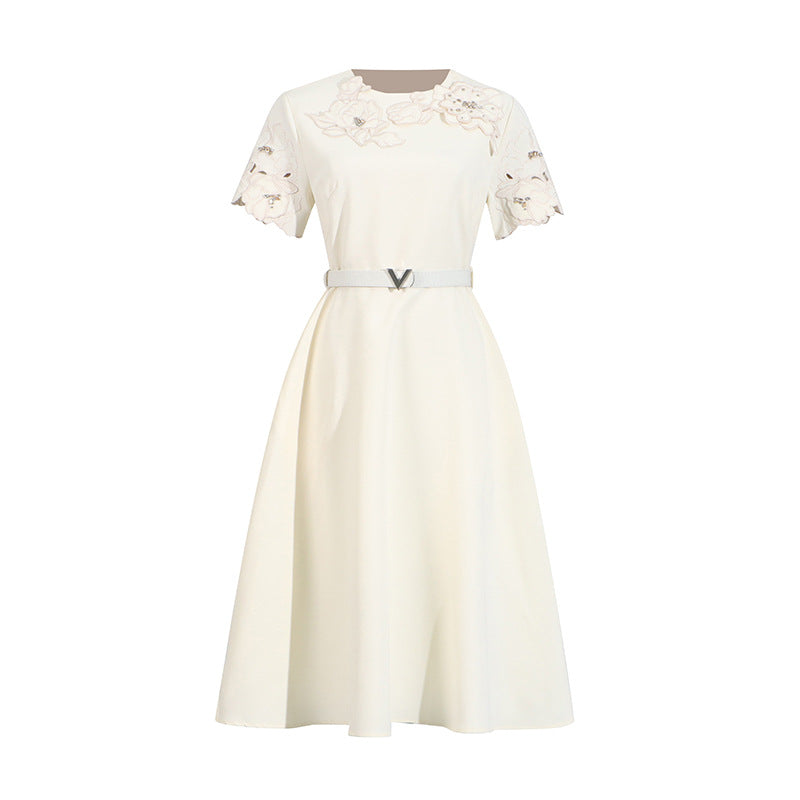Elegant Retro Style Summer Round Neck Three-dimensional Flower Stitching Dresses