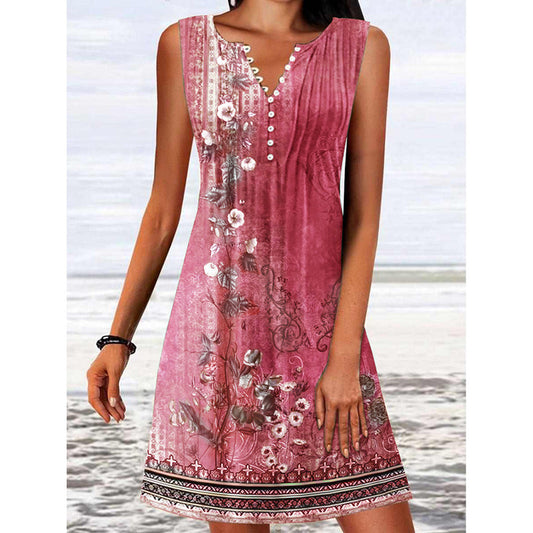 Summer Printed Button Cinched Sleeveless Knitted Dresses