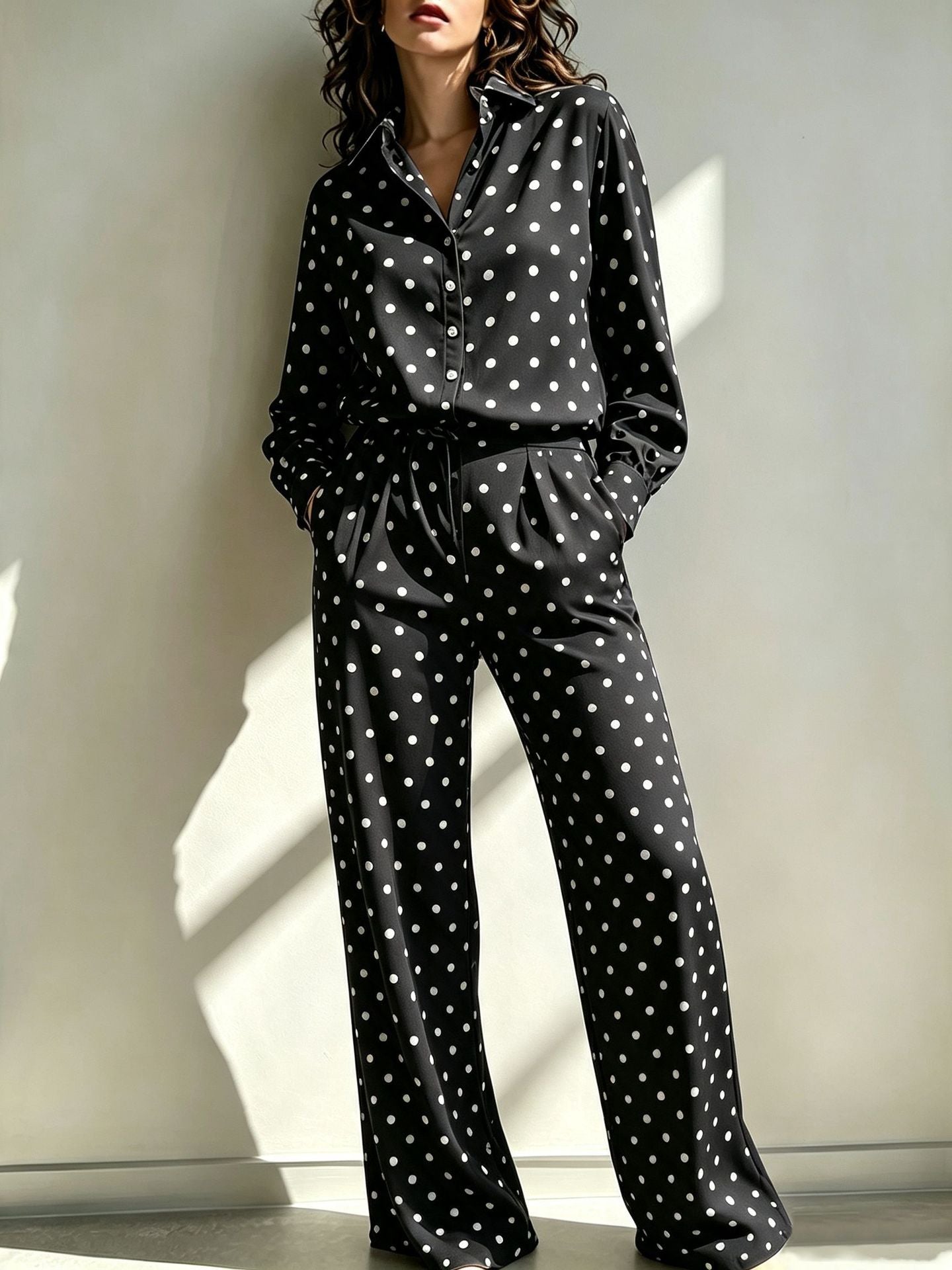 Sleeve Lapel Shirt Elastic Waist Wide Leg Two-piece Set Light Pants