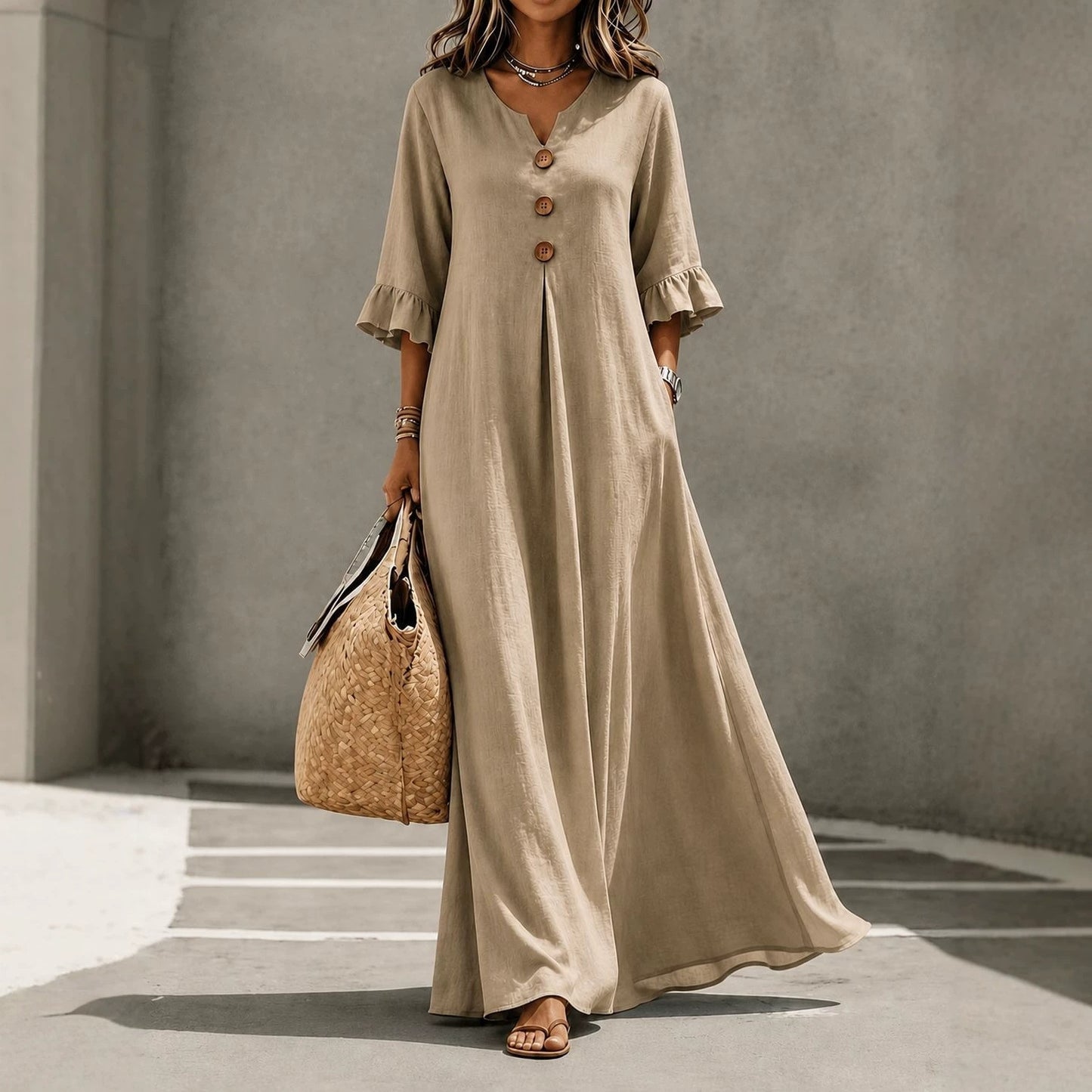 Women's Lotus Leaf Sleeve Pocket Long Fashion Dress