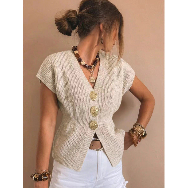 Women's Metal Buckle Cinched Sleeveless French Style Temperament Commuter Sweater