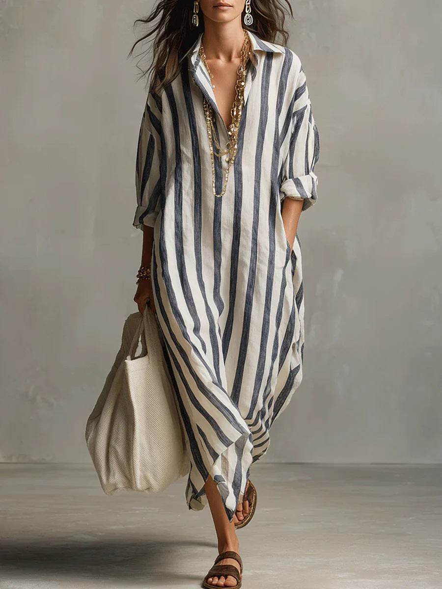 Women's Fashionable Loose Long Striped Summer Ninth Dress