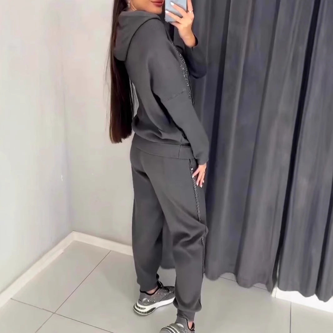Women's Fashion Casual Hooded Rhinestone Belt Pocket Suits