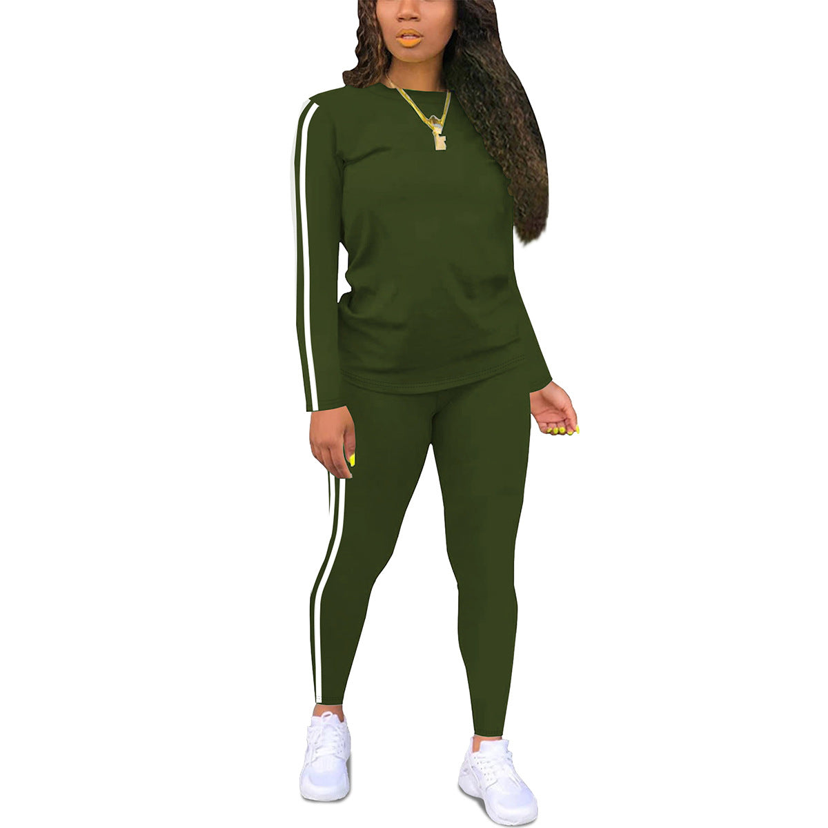 Women's Round Neck Long Sleeve Patch Trousers Side Fashion Casual Suit