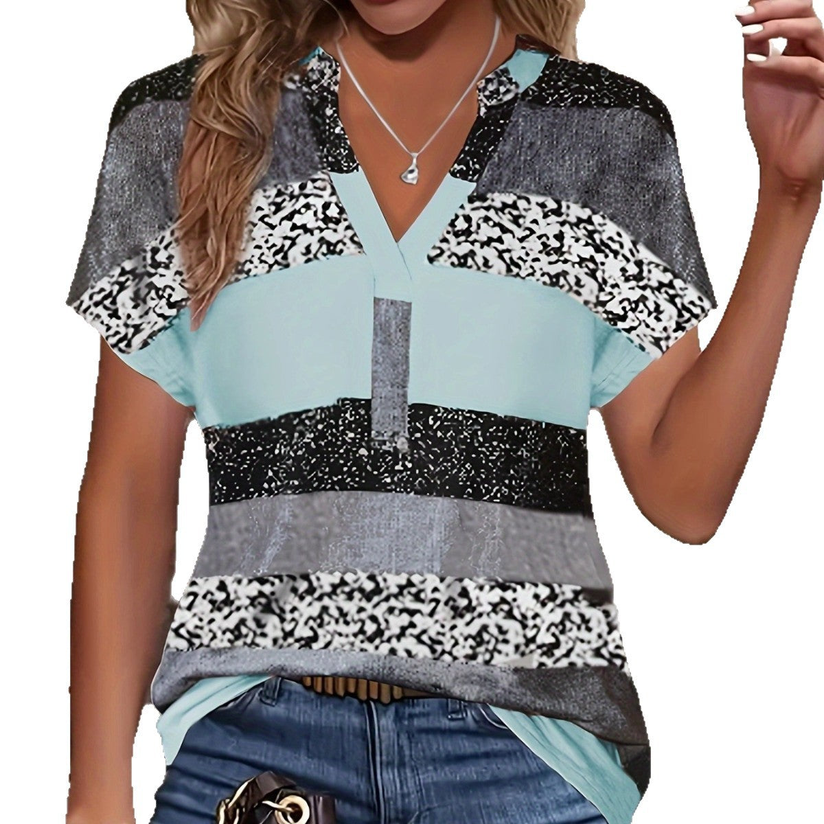 Women's Stand Collar Printed Short-sleeved T-shirt Dress