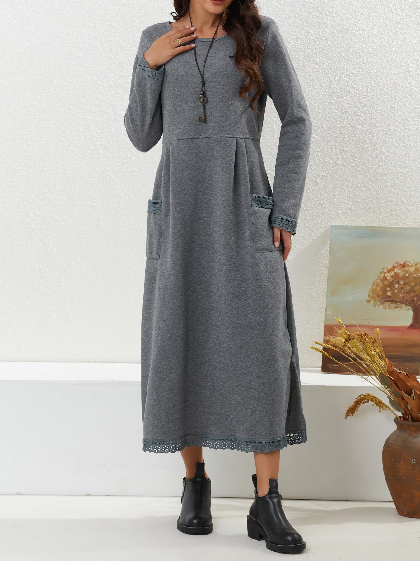 Autumn Loose Oversized Knit Lace Brushed Hoody Dress