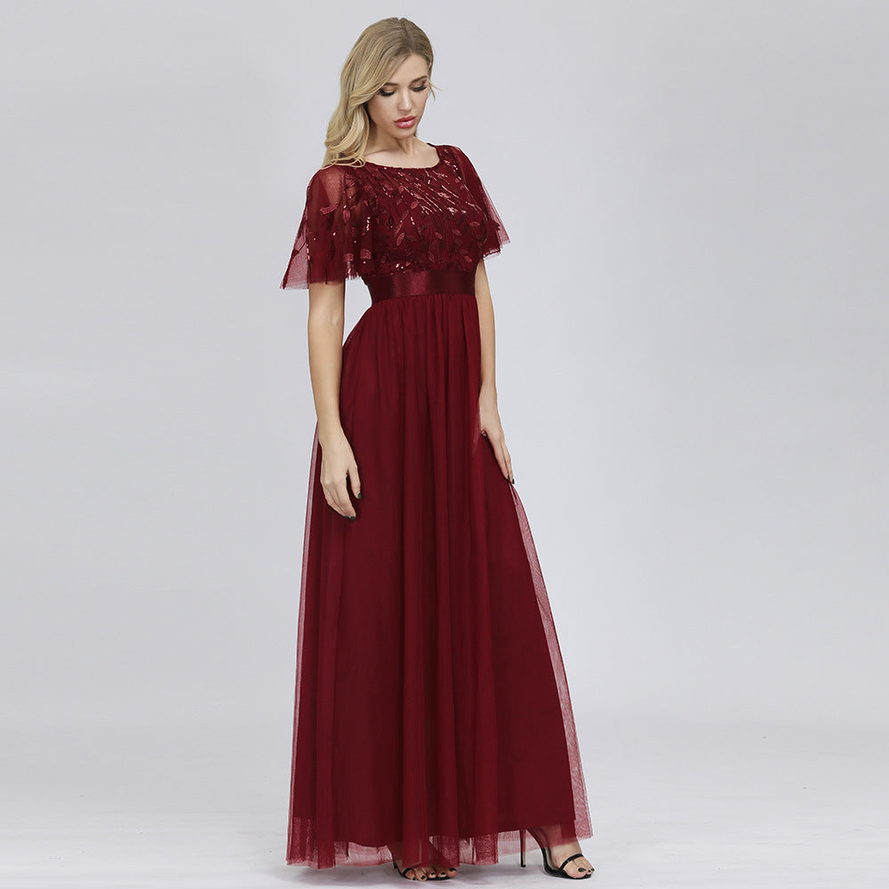 Women's Quality Elastic Waist Patchwork Round Neck Evening Dresses