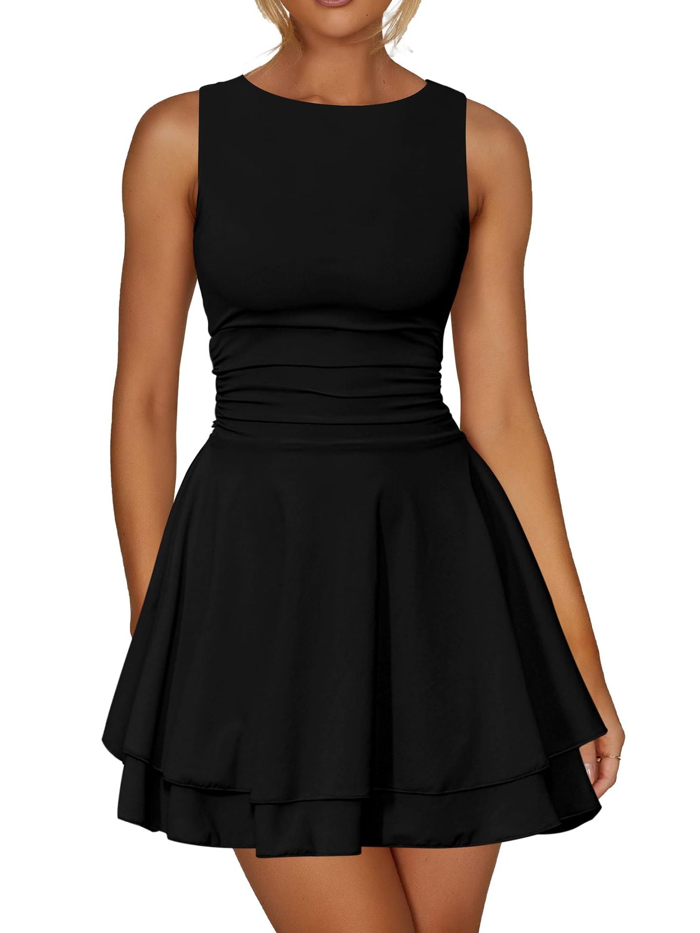 Women's Round Neck Waist Pleated Double Hem Dresses