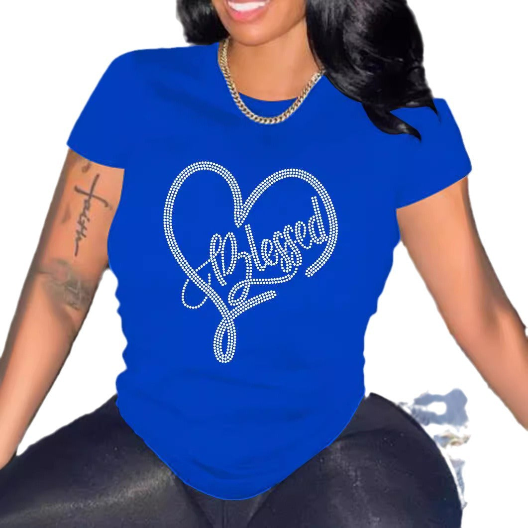 New Attractive Rhinestone Round Neck T-shirt Blouses