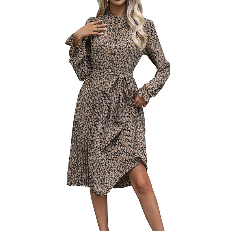 Autumn Commuter Date Ruffled Geometric Printed Dresses