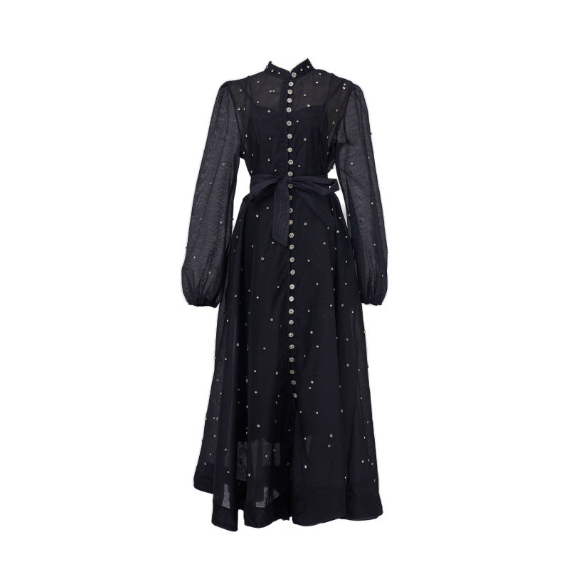 Women's Vintage Court Style Printed Lantern Sleeve Single-breasted Lace Dresses