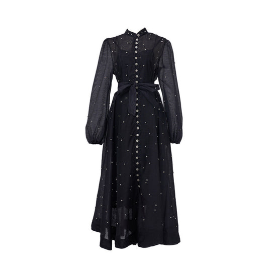 Women's Vintage Court Style Printed Lantern Sleeve Single-breasted Lace Dresses