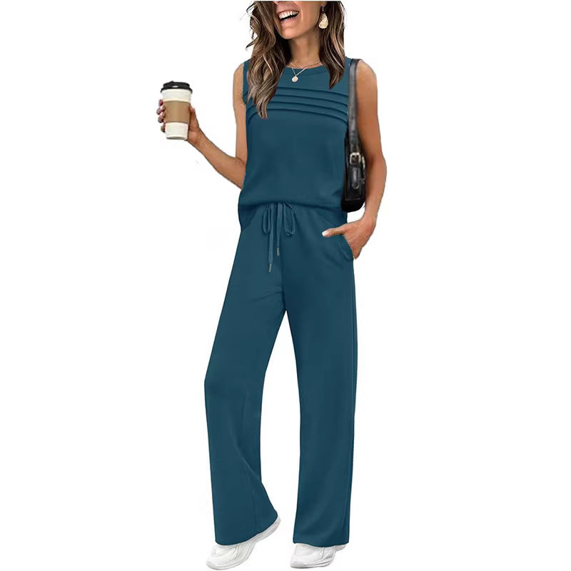 Trendy Glamorous Women's Pleated Two-piece Set Vests