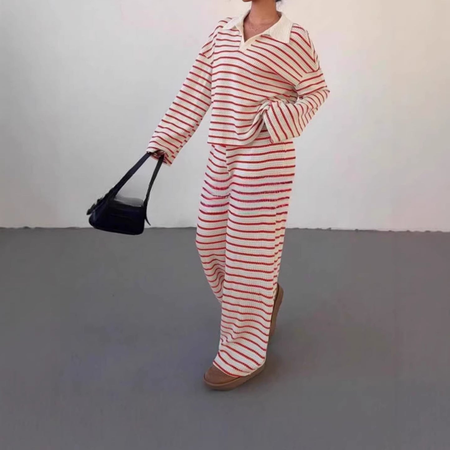Women's Stripes Contrast Color Long Sleeve Trousers Fashion Casual Suit