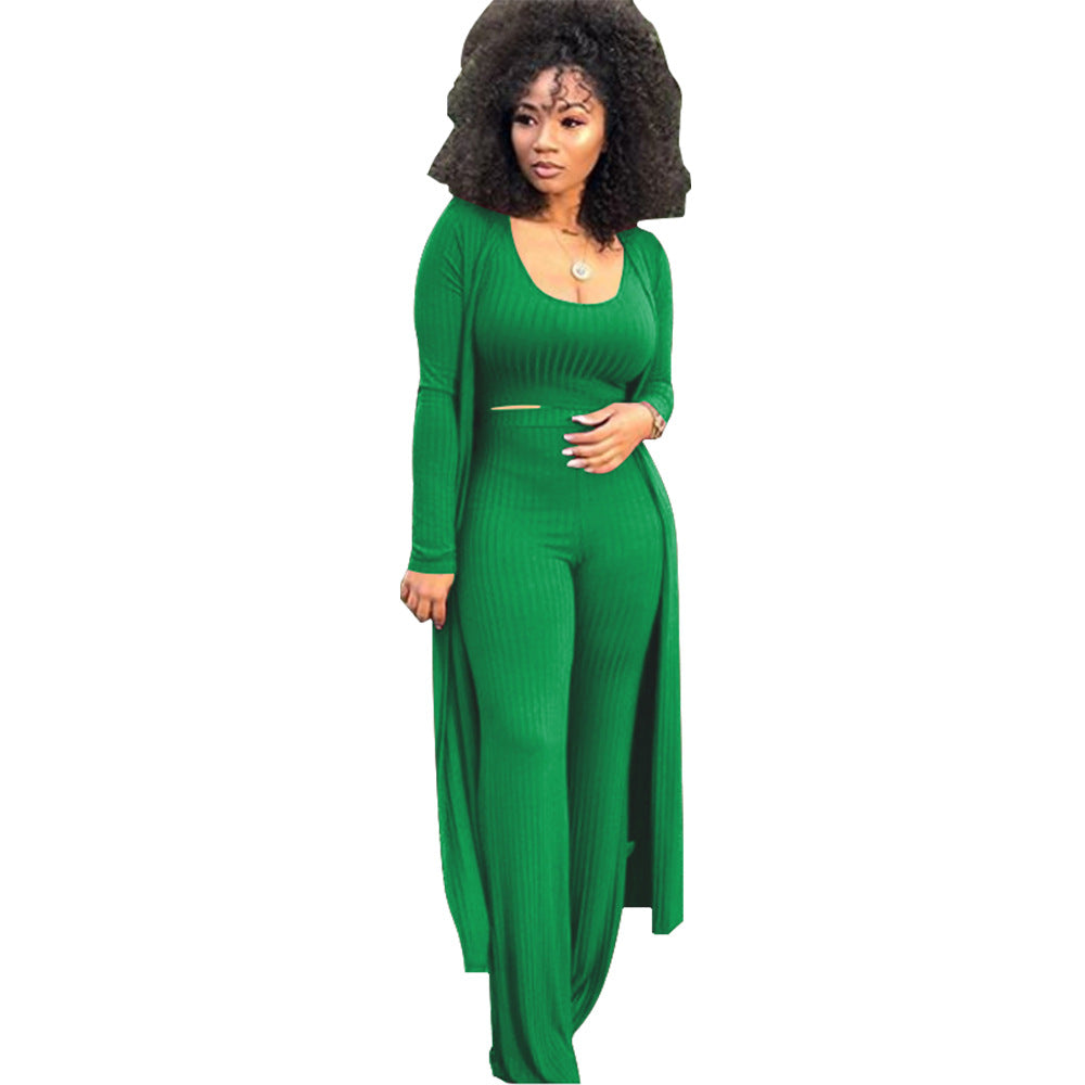 Women's High Elastic Sunken Stripe Three-piece Tight Suits