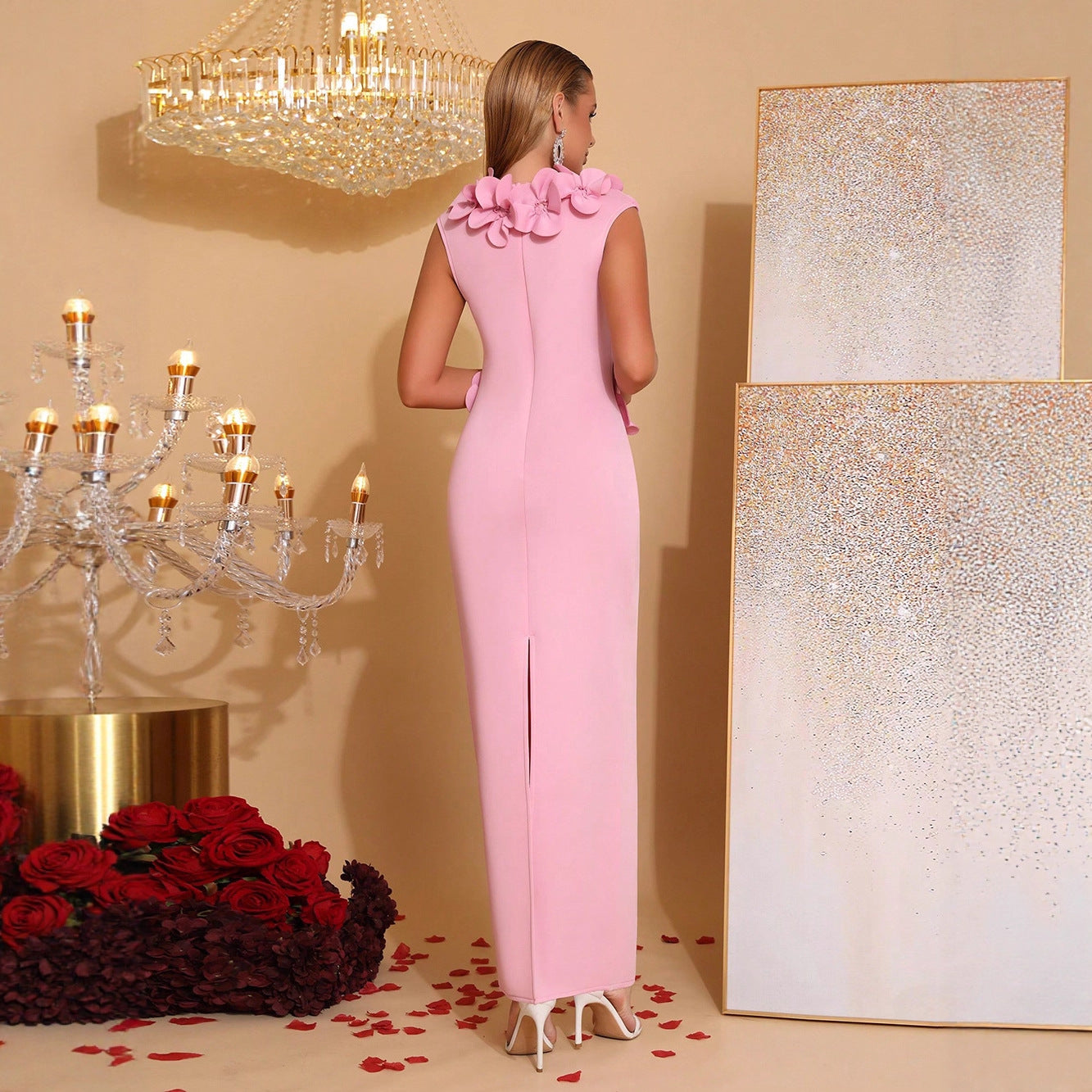 Women's Temperament Slim Fit Long Dress Stitching Three-dimensional Flower Dresses