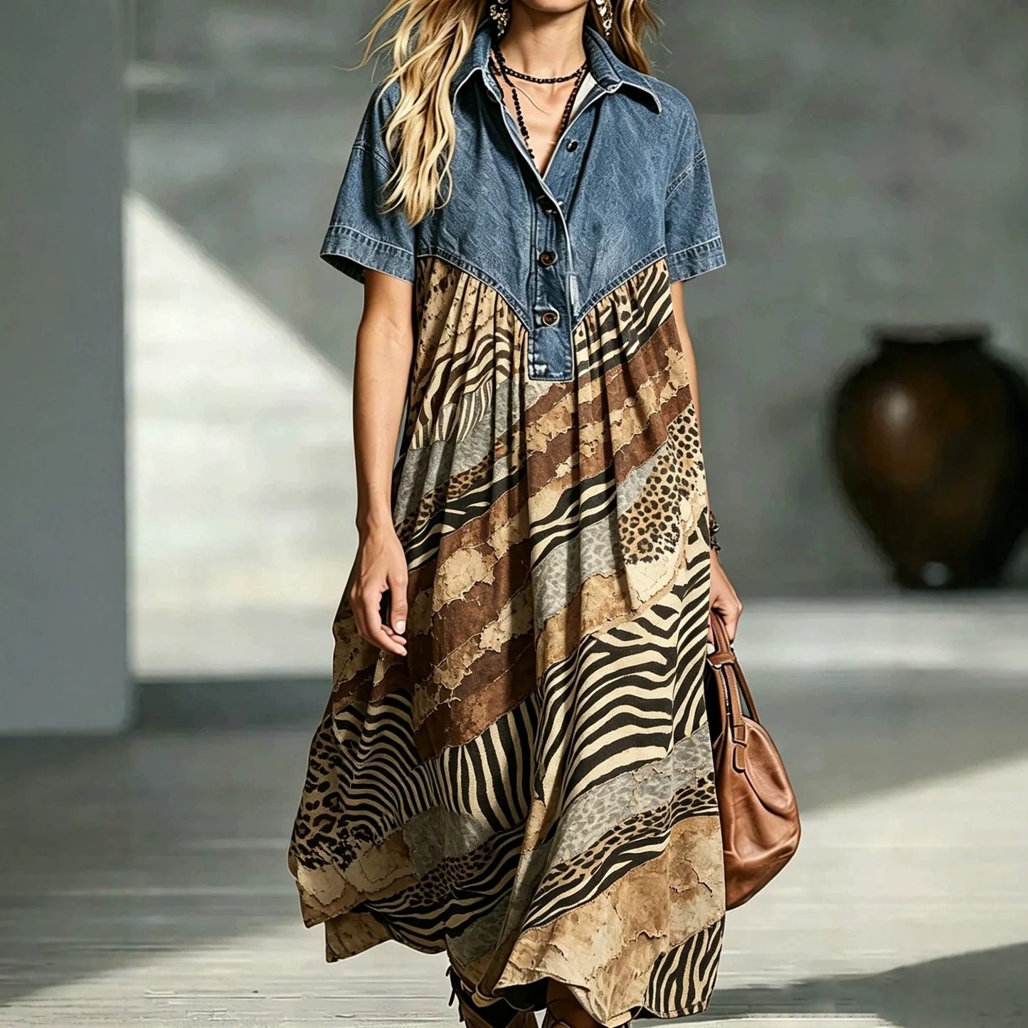 Women's Casual Fashion Denim Stitching Loose Retro Dress