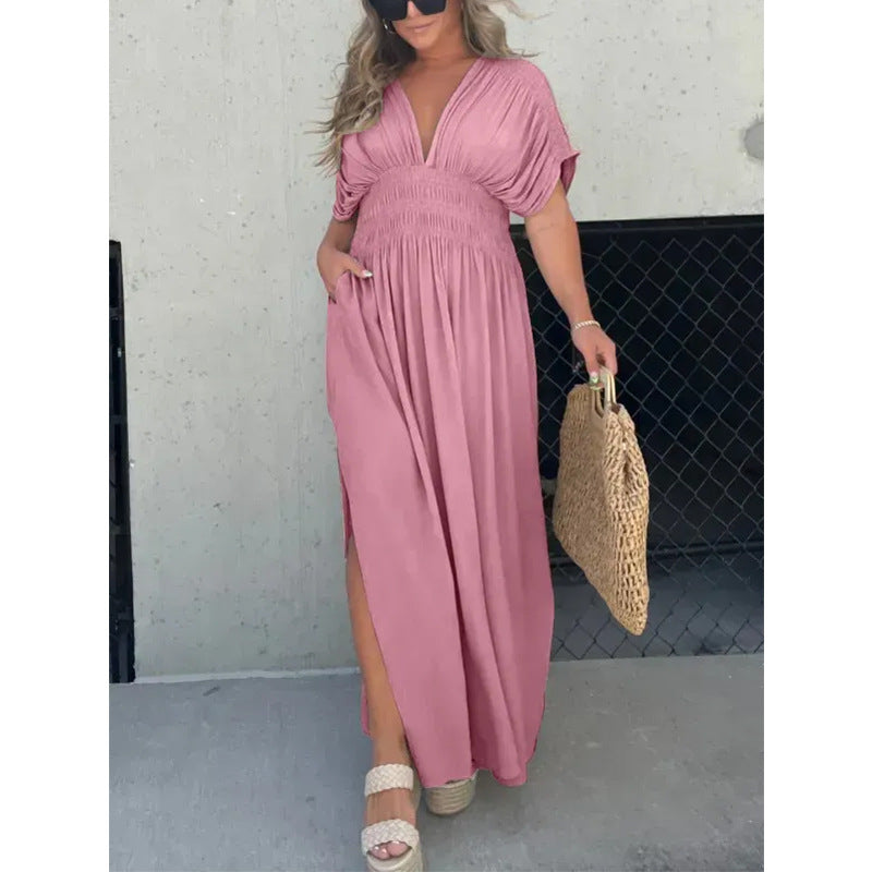 Color Bat Sleeve Elastic Waisted Slimming Dresses