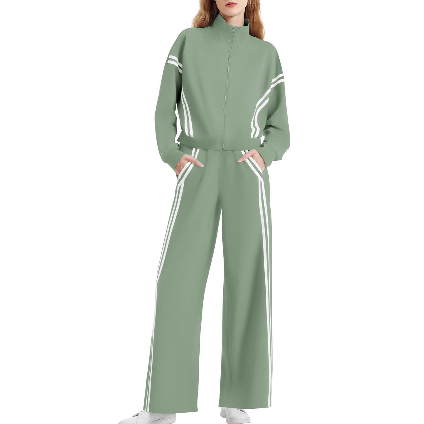 Wear Zipper Sports Contrast Color Striped Wide Leg Jogger Travel Fashion Casual Suit
