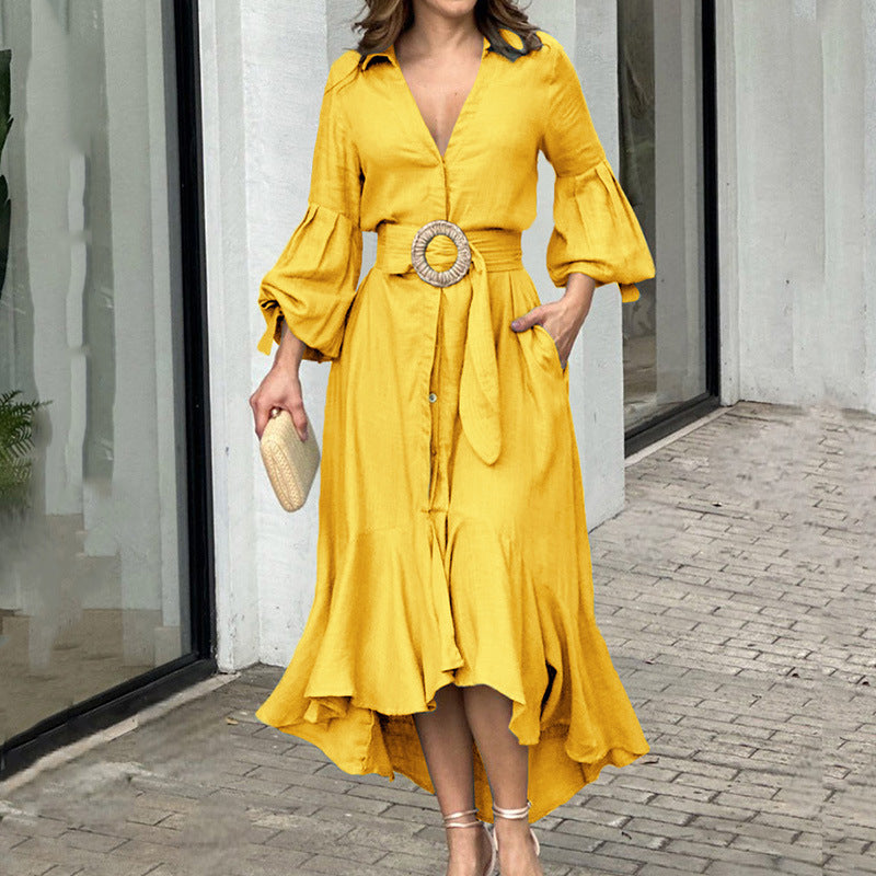 Fashion Casual Full Sleeve Turn-down Collar Solid Dresses