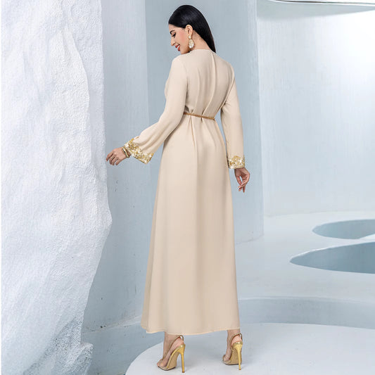 Beige A- Line Fashionable Golden Lace Dresses