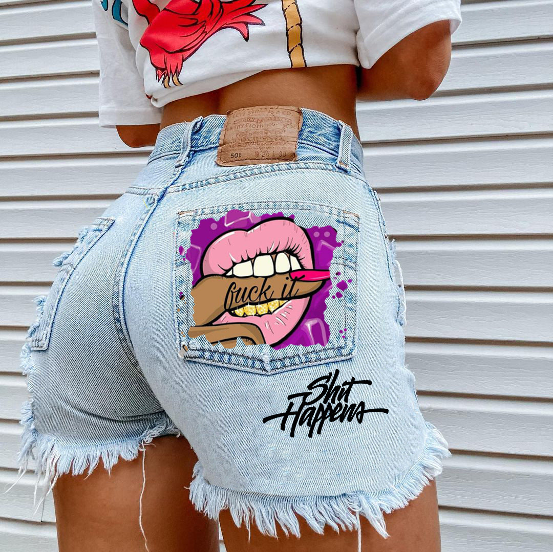 Women's Mouth Bite Finger Printed Fashion Holes Jeans