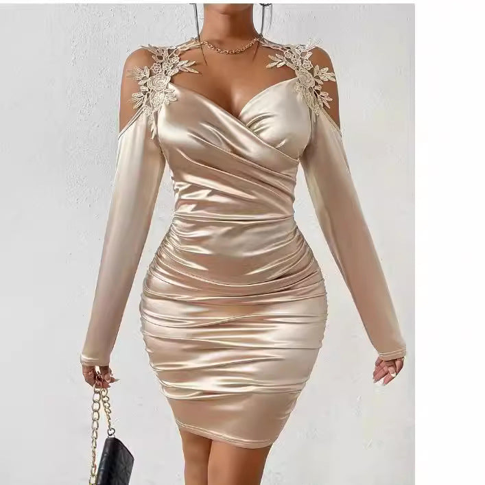 Cool Satin Elegant Lace Tight Draped Dress
