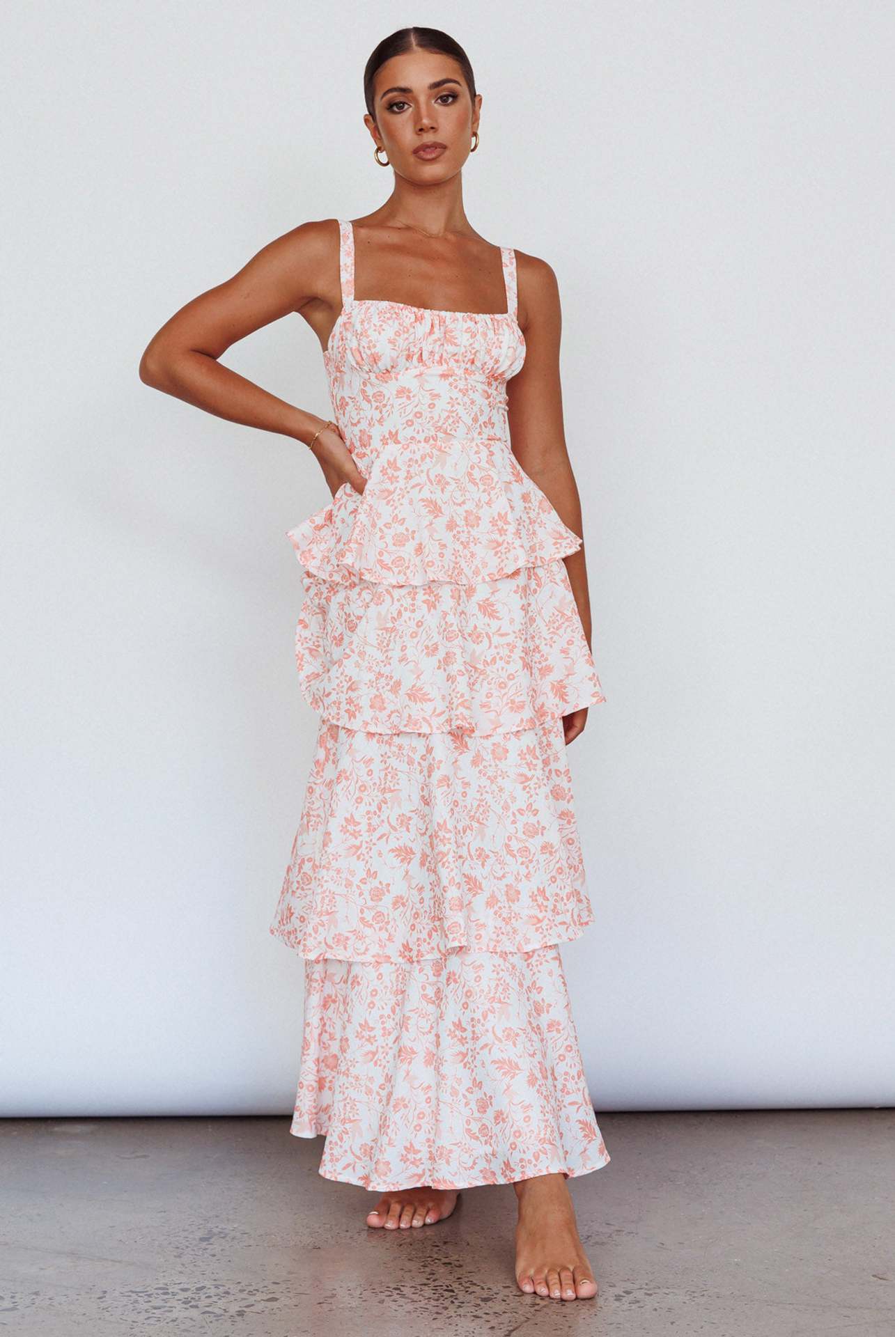 Women's Waist Trimming Spaghetti Straps Printed Long Dresses