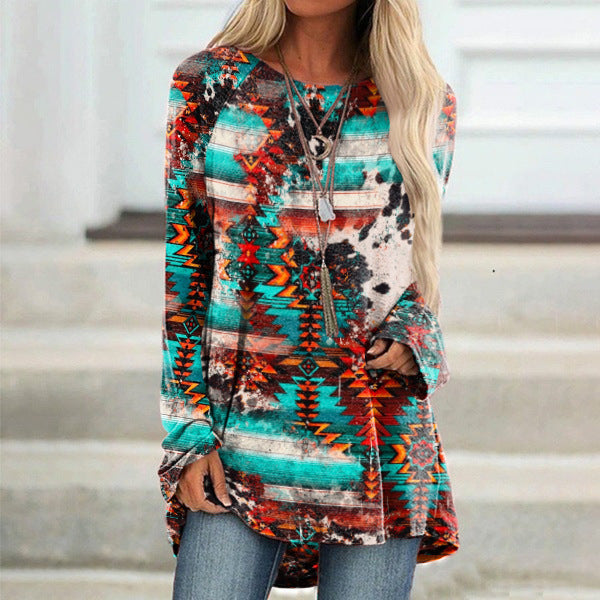 Women's Digital Printing Round Neck Long Sleeve Blouses