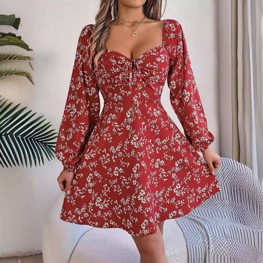Women's Sexy Lacing Square Collar Floral Print Long Dress