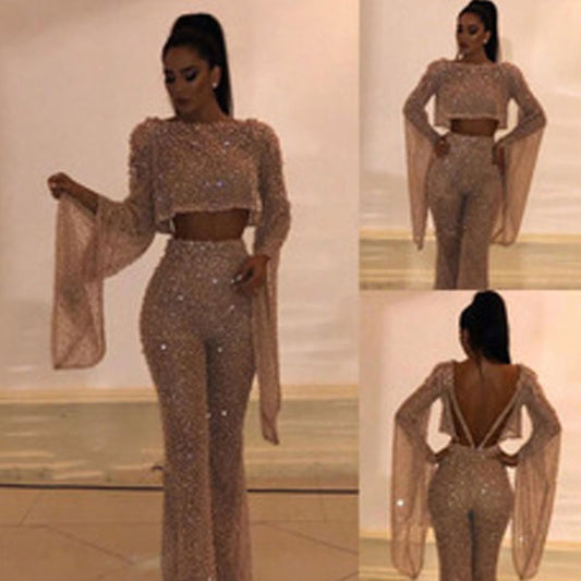 Women's Two-piece Sexy Long-sleeved Backless Trousers Jumpsuits