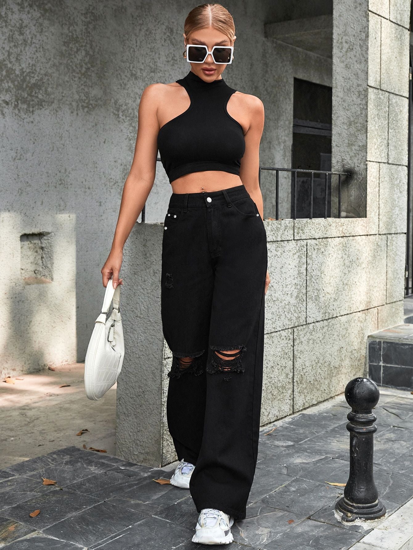 Women's Holes High Waist Wide Leg Casual Pants