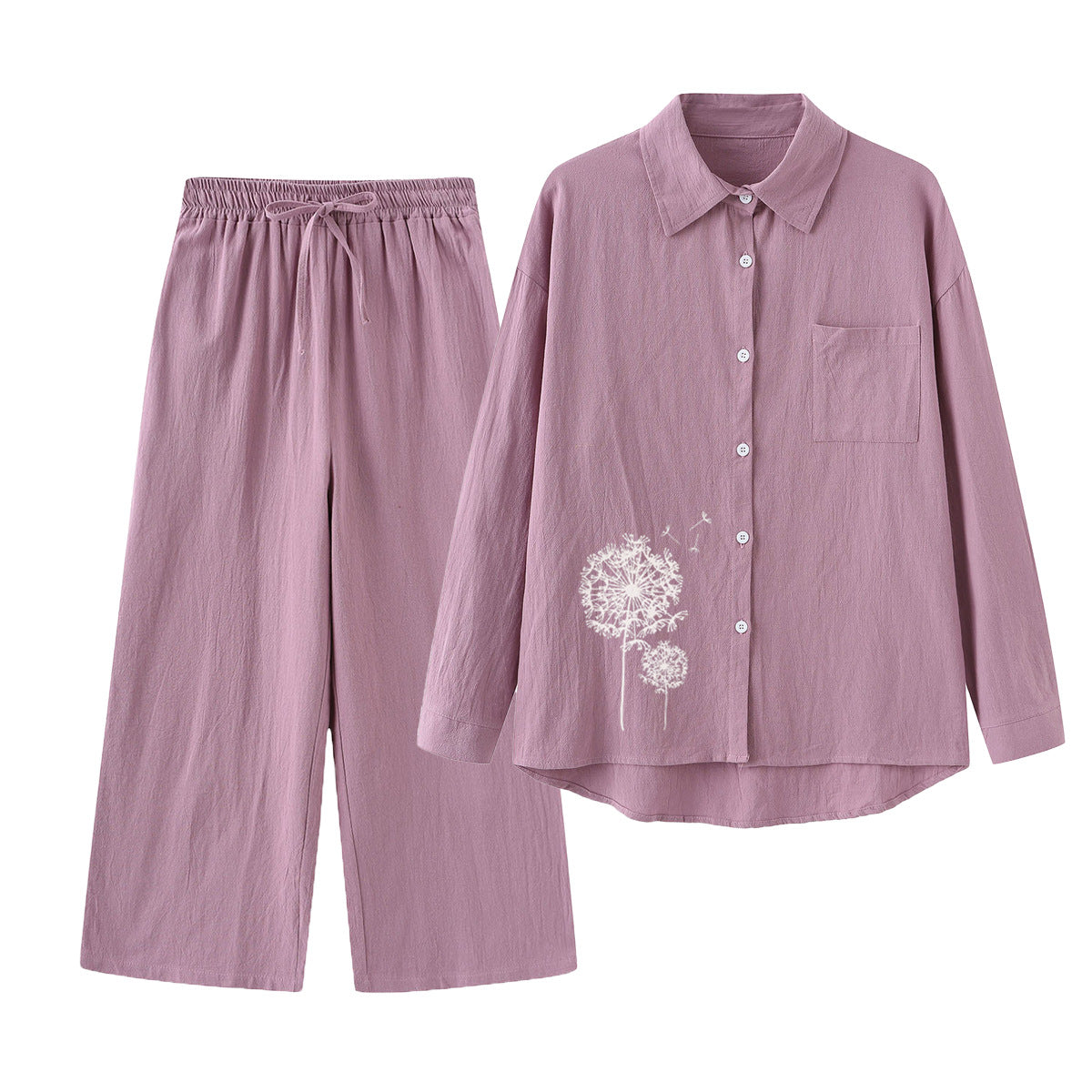 Women's Cotton Linen Shirt Wide Leg Printed Fashion Casual Suit