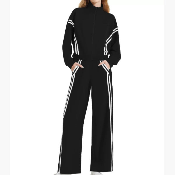 Wear Zipper Sports Contrast Color Striped Wide Leg Jogger Travel Fashion Casual Suit