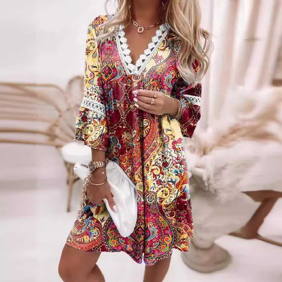 Spring Printed Lace Stitching Bohemian Casual Dresses