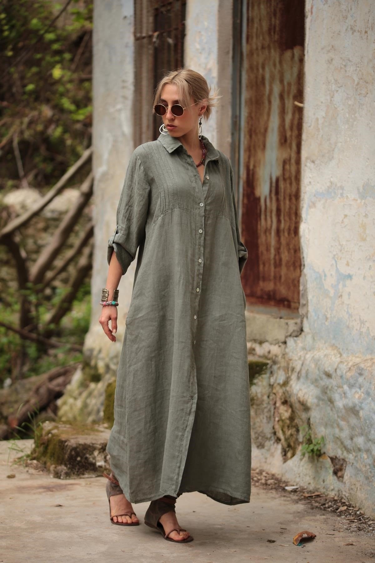 Solid Color Stand Collar Long Sleeve Dress