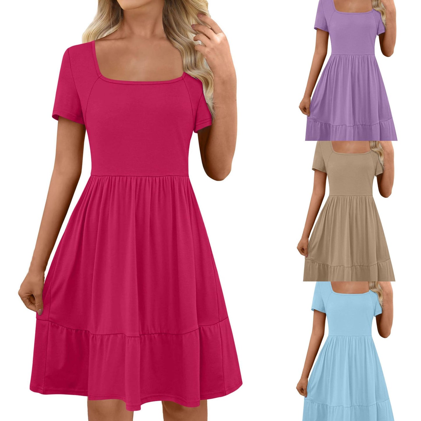 Women's Solid Color Double-sided Pocket Square Collar Dress