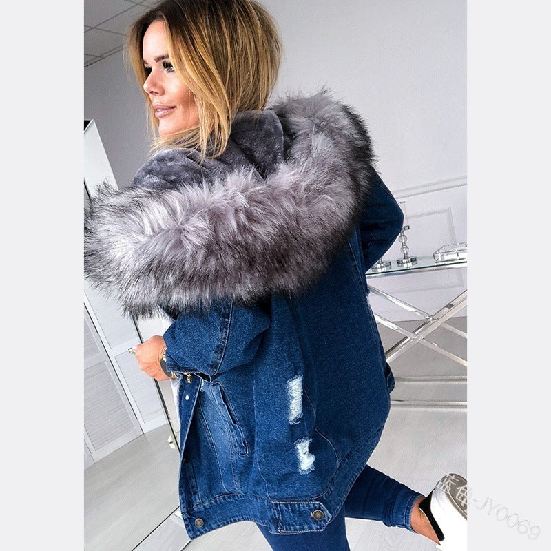 Retro Big Fur Collar Denim Warm Mid-length Coats