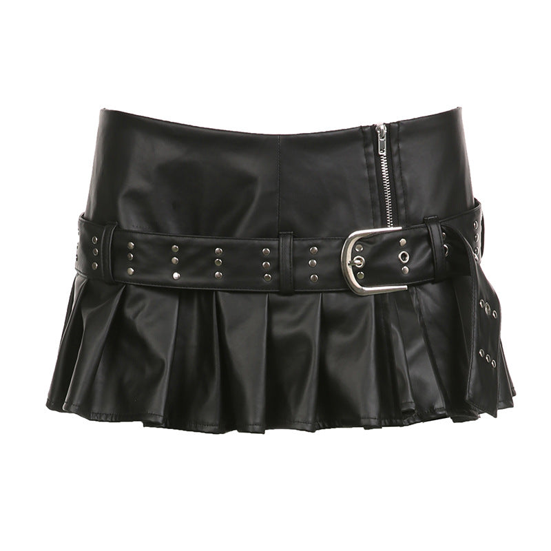 Stitching Belt Buckle Slit Pleated Punk Versatile Skirts