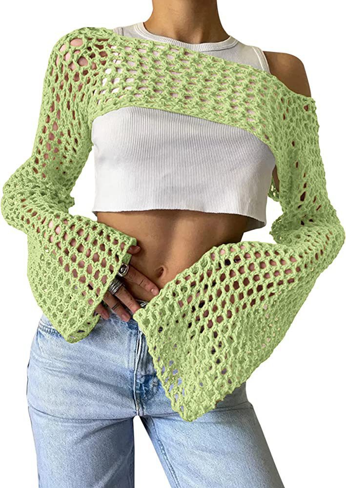 Women's Crochet Casual Bell Sleeve Sexy Mesh Women's Sweater