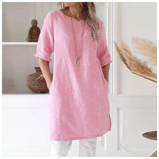 Women's Solid Color Cotton Linen Sleeve Round Neck Dress