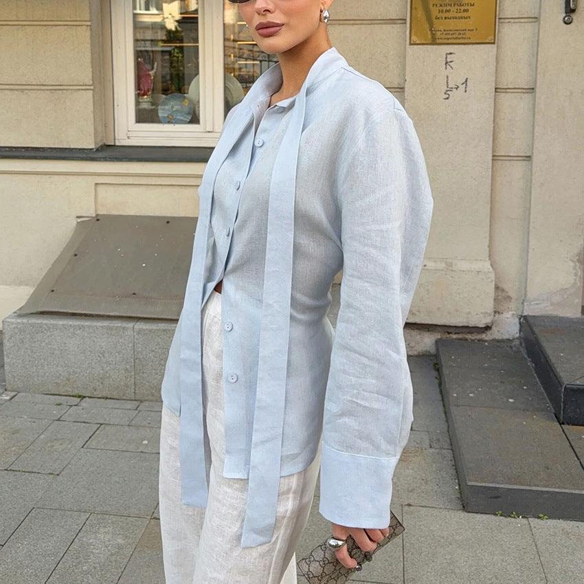 Women's Linen Ribbon Shirt Design Sense Graceful Fashionable Blouses