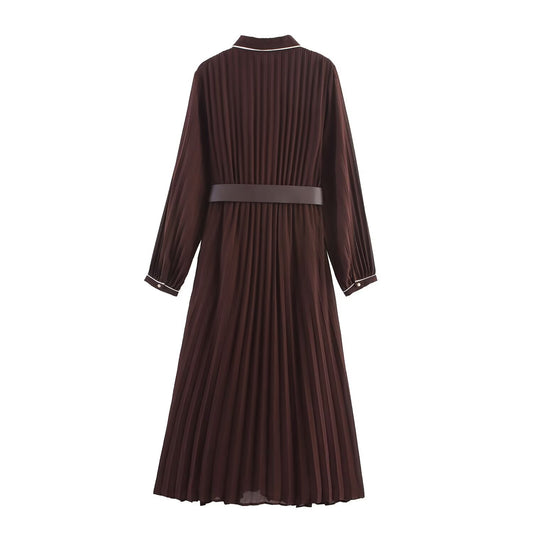 Autumn Fashion Simple With Belt Pleated Lapel Dresses