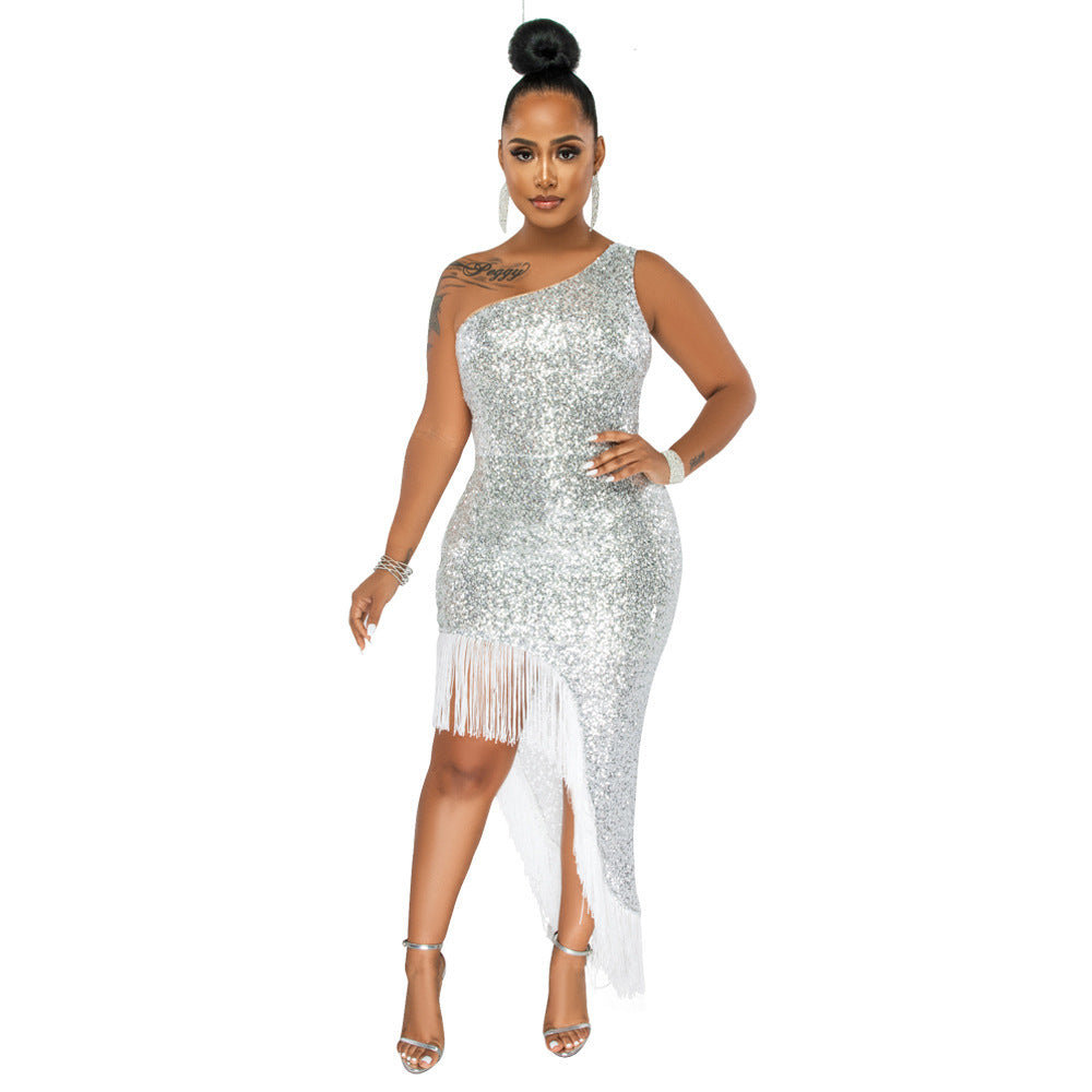 Women's Fashion One Shoulder Irregular Sequin Sequined Dress