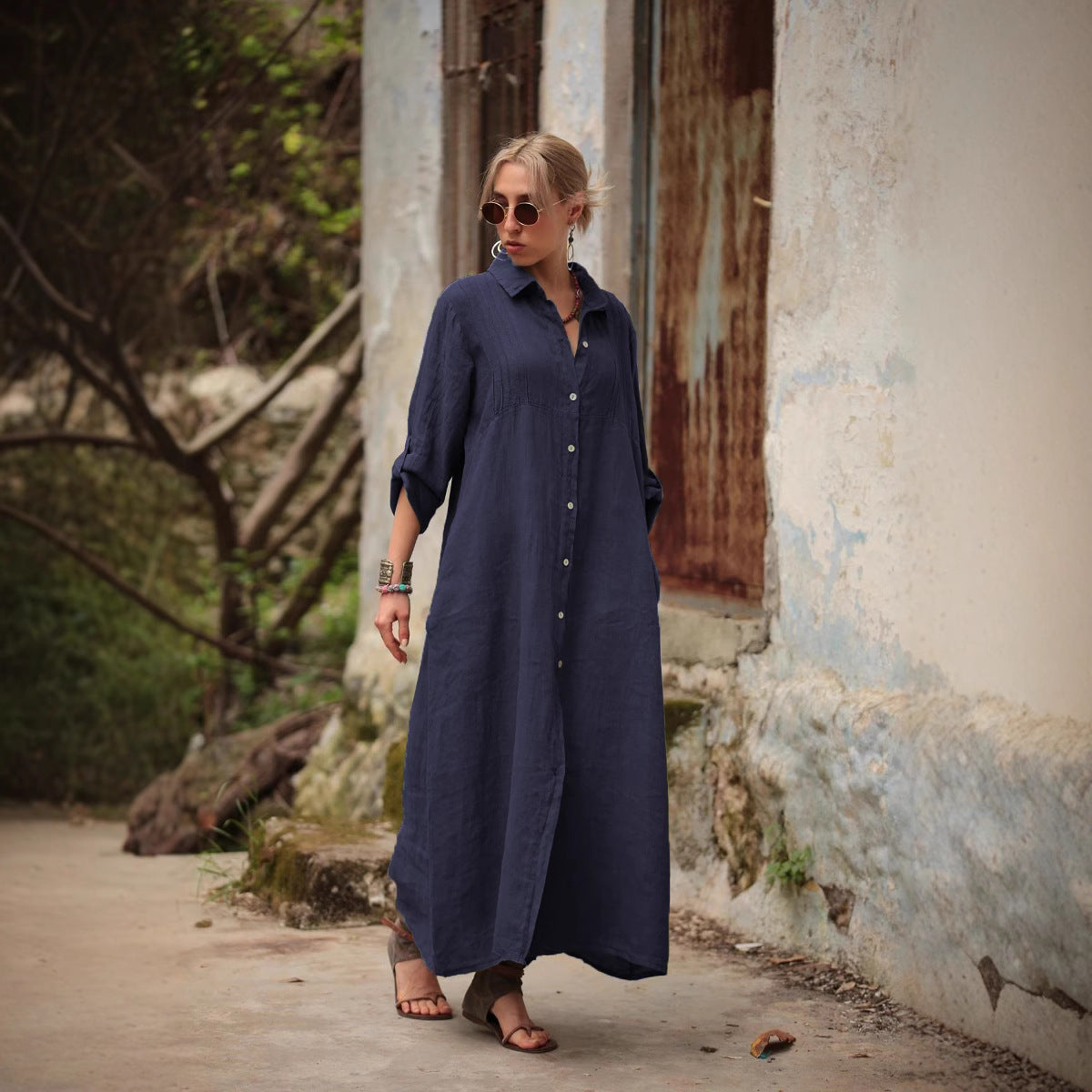 Solid Color Stand Collar Long Sleeve Dress