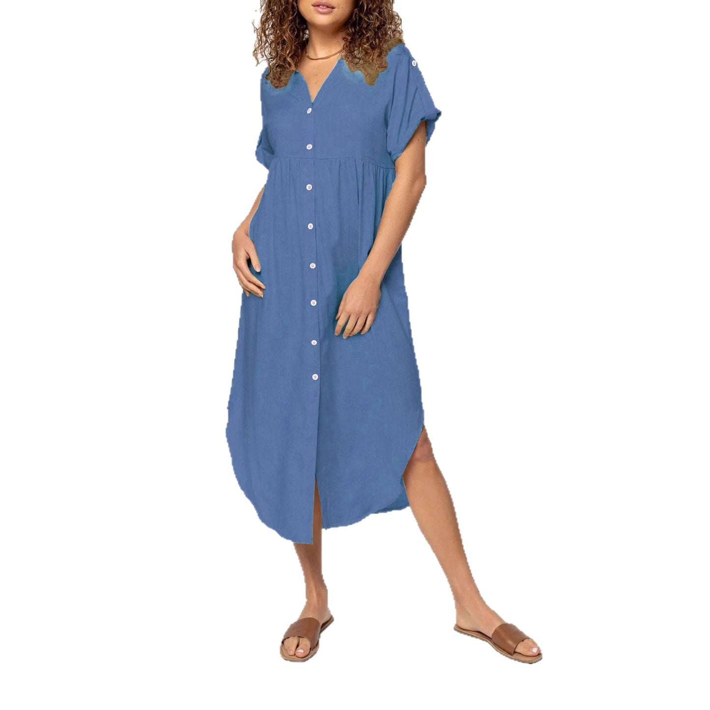 Loose Temperament Casual Solid Color Buttons Dress