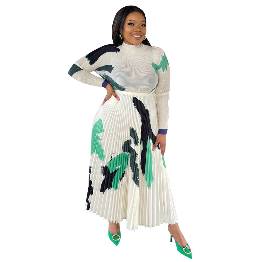 Women's Large Long-sleeved Printed Pleated Two-piece Suits