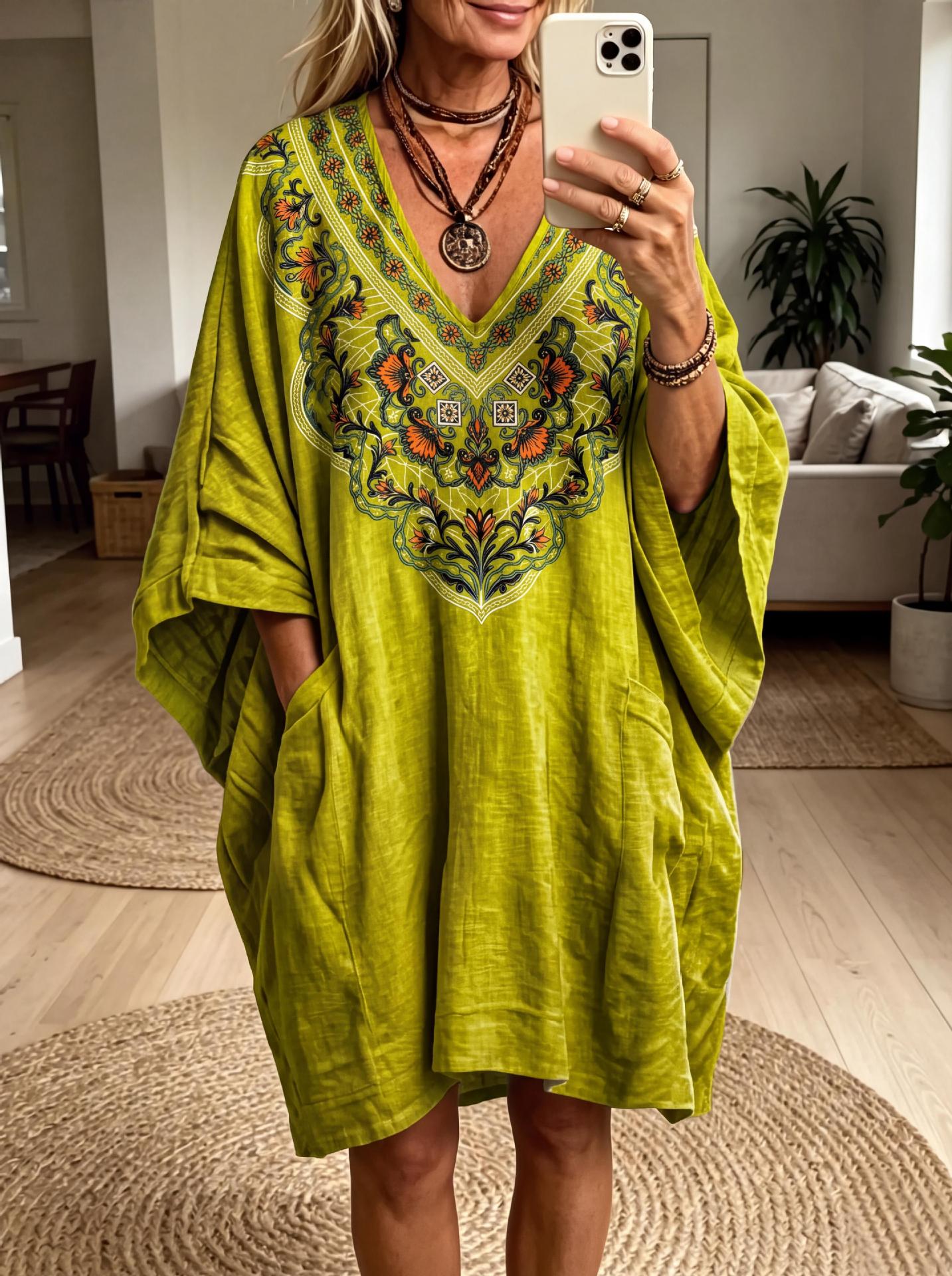 Women's Vintage Ethnic Print Casual Sleeve Cotton Linen Skirts