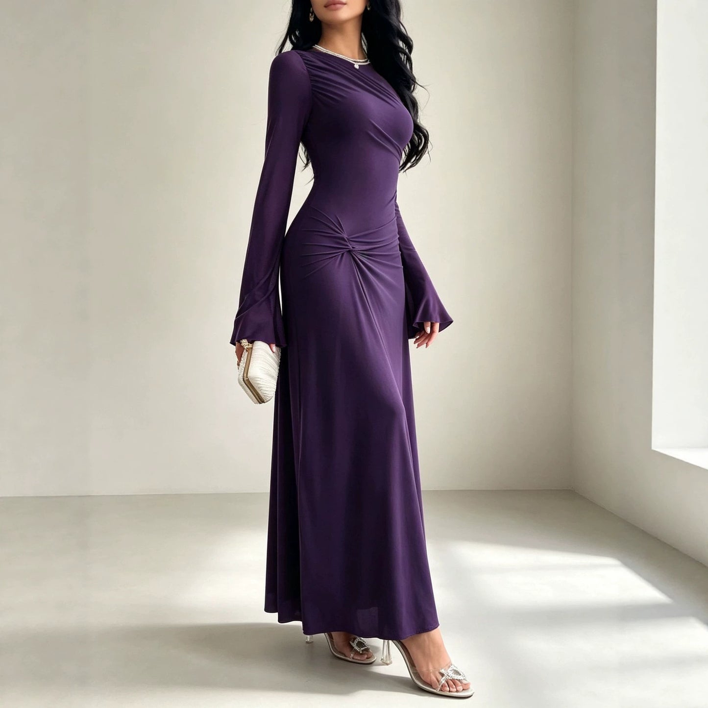 Flared Sleeves Tight Waist Pinch Pleated Slim Fit Solid Color Dress