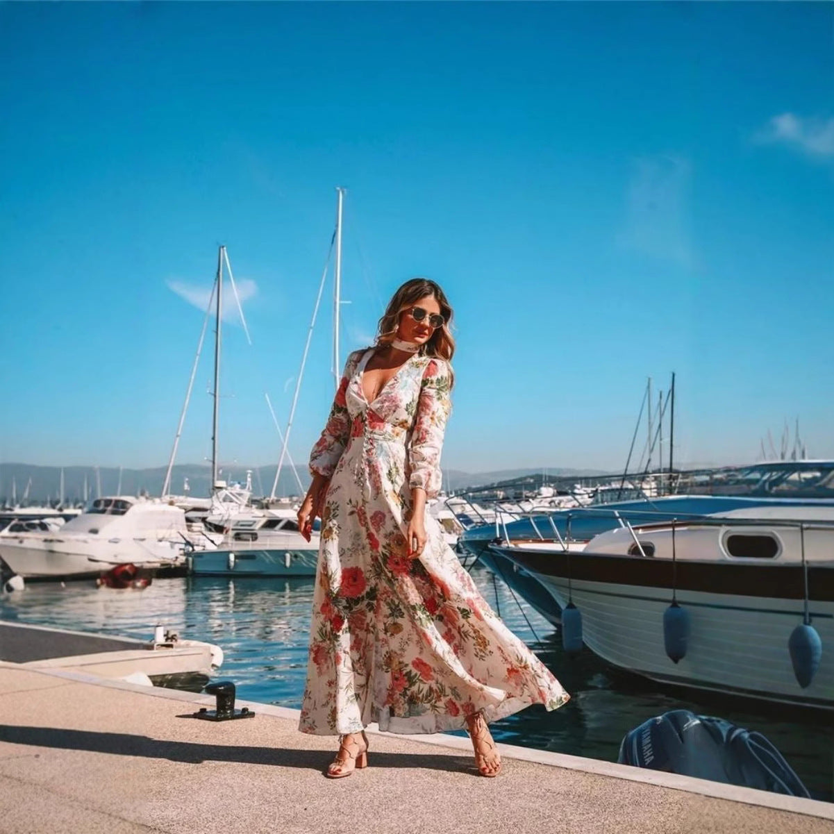Floral Print Deep Long Sleeve Big Dresses